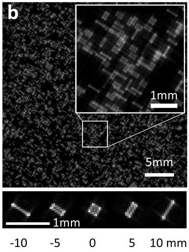 A camera frame densely filled with small bar-shaped and box-shaped particle images, with an enlarged detail. Below it, the image of one particle at five depths: a diagonal bar, a short box, a square, and the same shapes turned the other way.