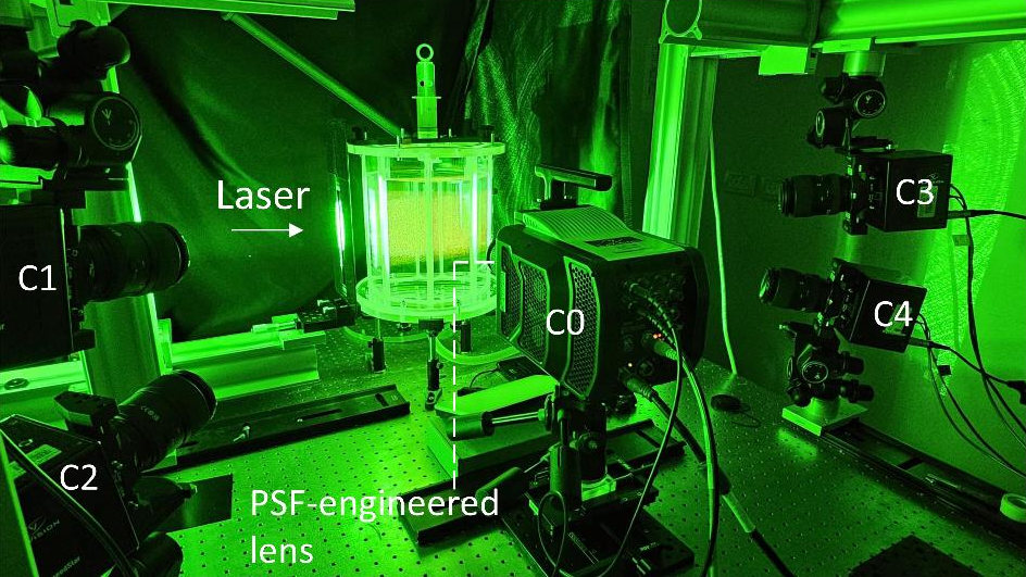Photograph of the experiment under green laser light: a water tank in the center, the single PET-PIV camera in front of it, and two cameras of the tomographic system on each side.
